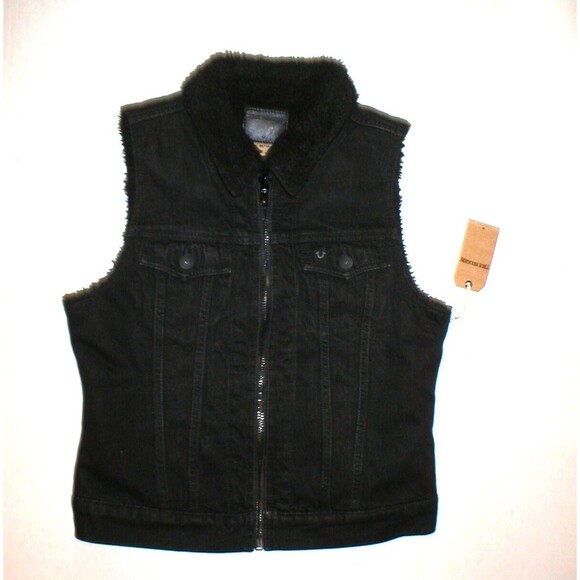 New NWT 228 Womens True Religion Jeans Designer L Black Vest Sherpa Lined Jacket - Picture 3 of 8